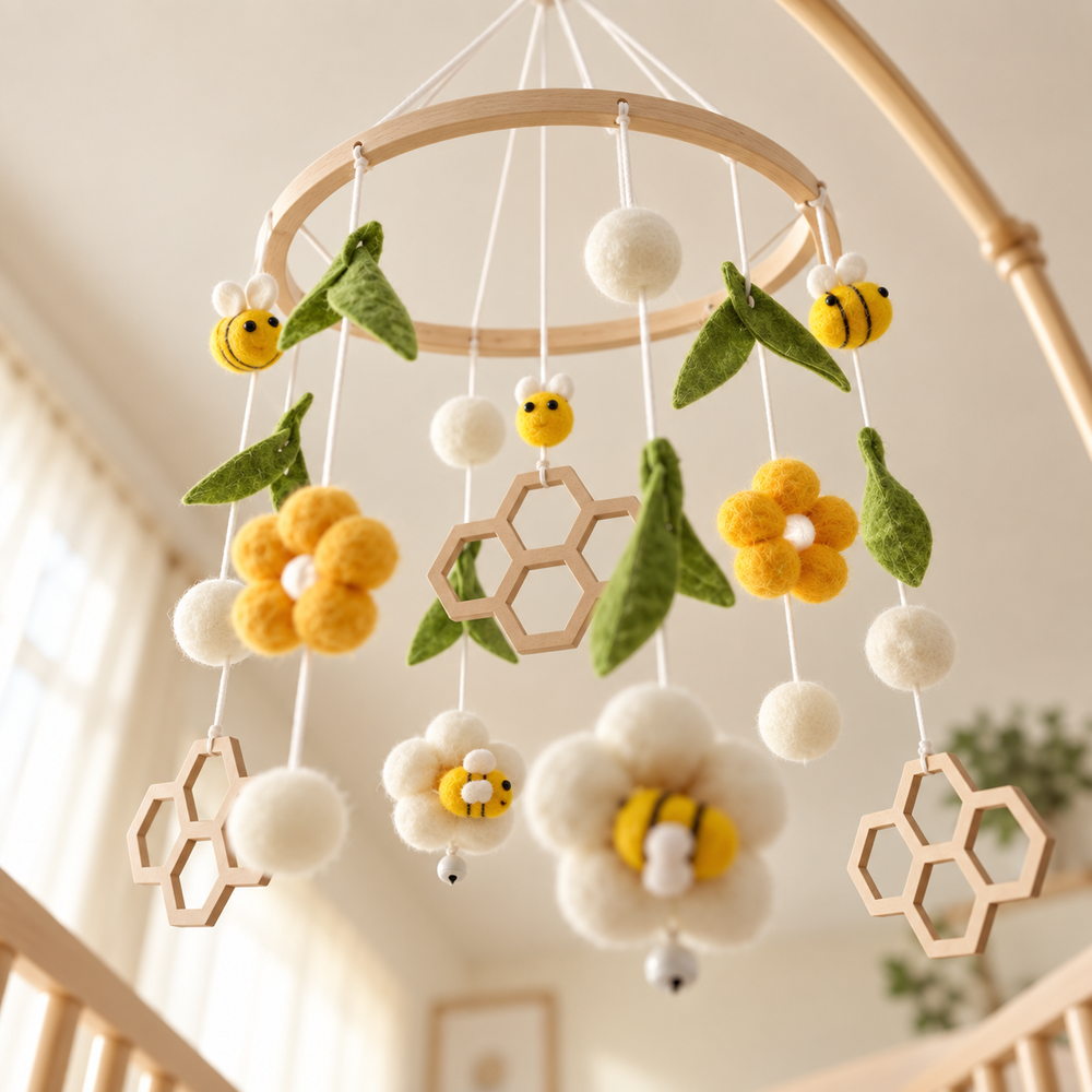 View from a cot looking up at the Honeycomb Bee baby mobile