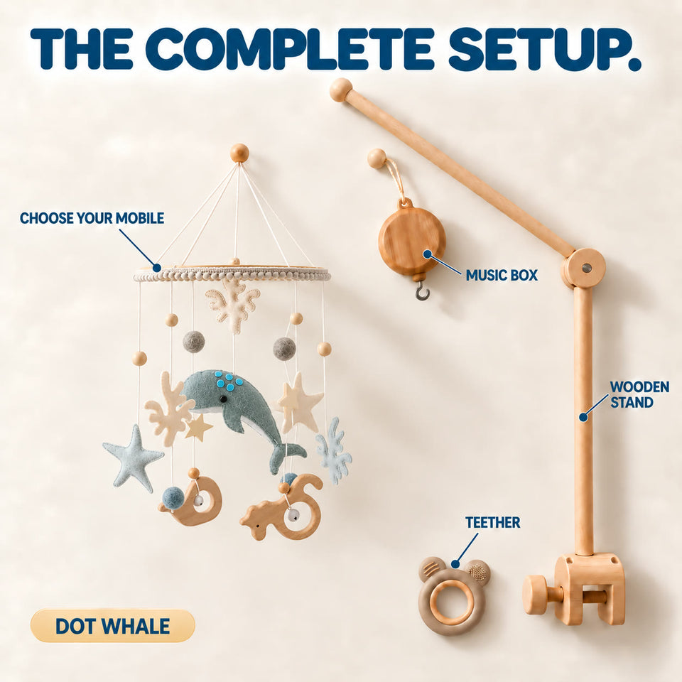 Eight Little Orbit baby mobile designs, starting with Whale