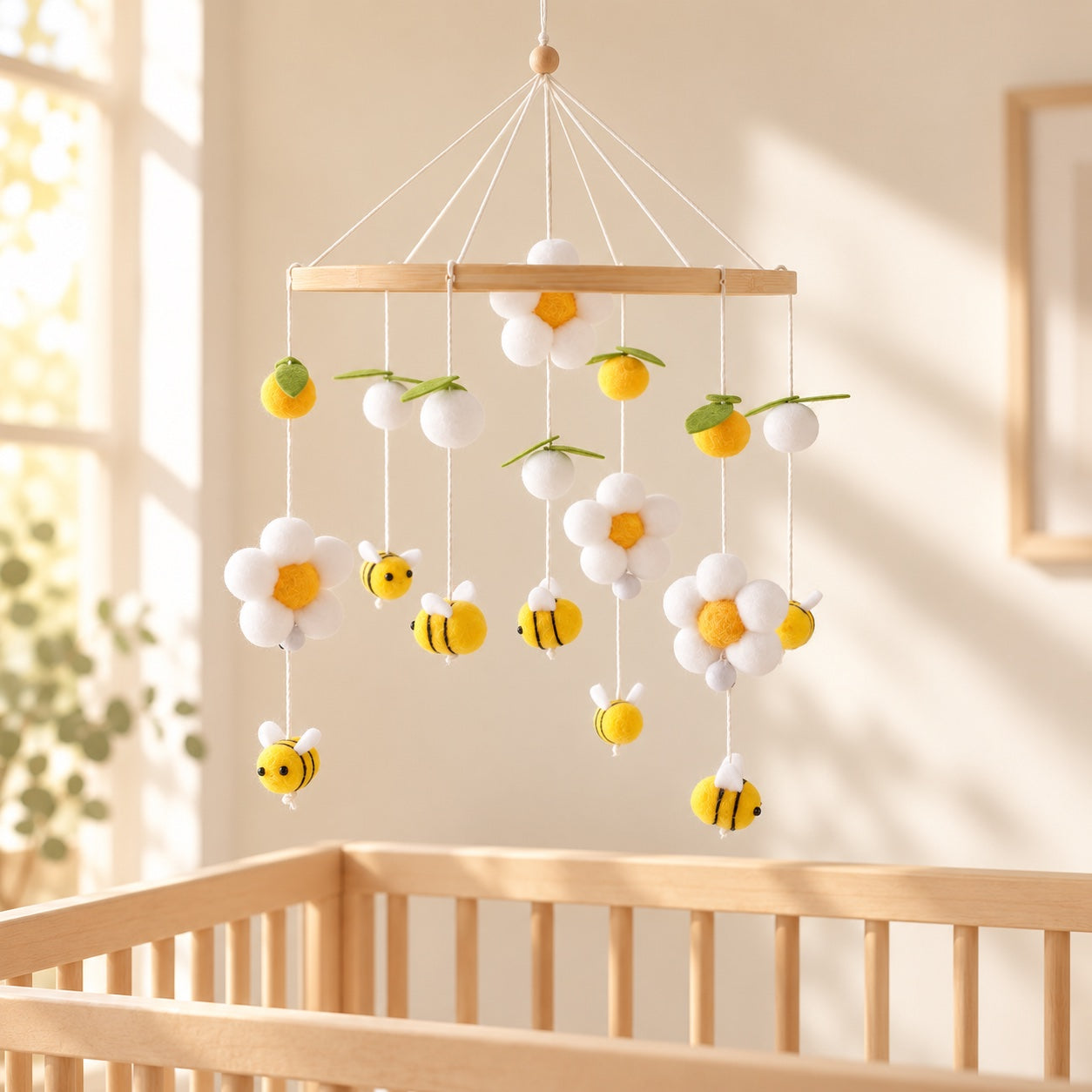 Bee baby mobile styled in a bright nursery