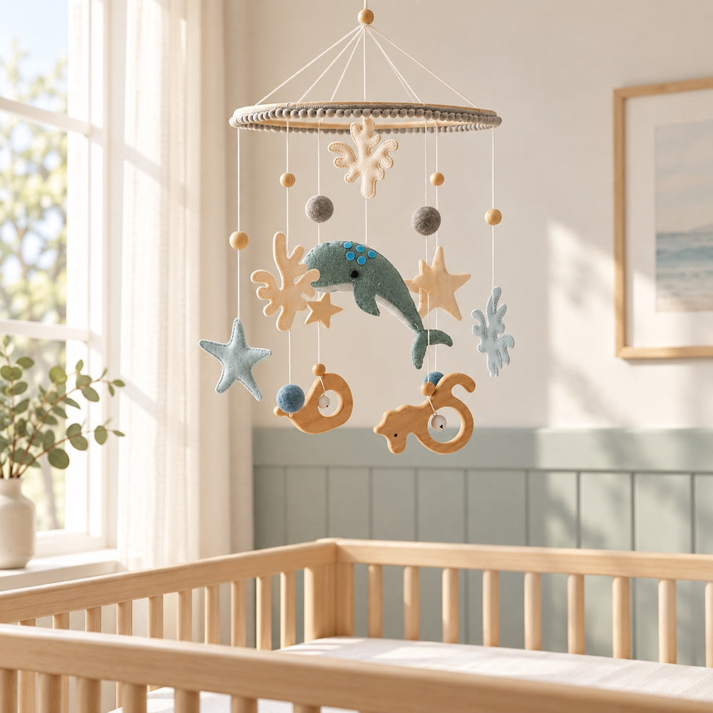 Whale mobile with blue and grey felt details and pale wooden shapes