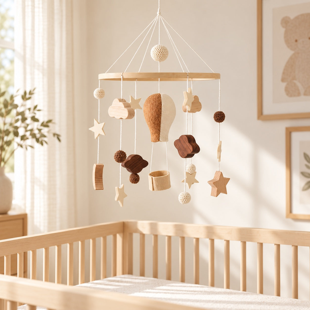 Hot Air Balloon baby mobile styled in a bright nursery