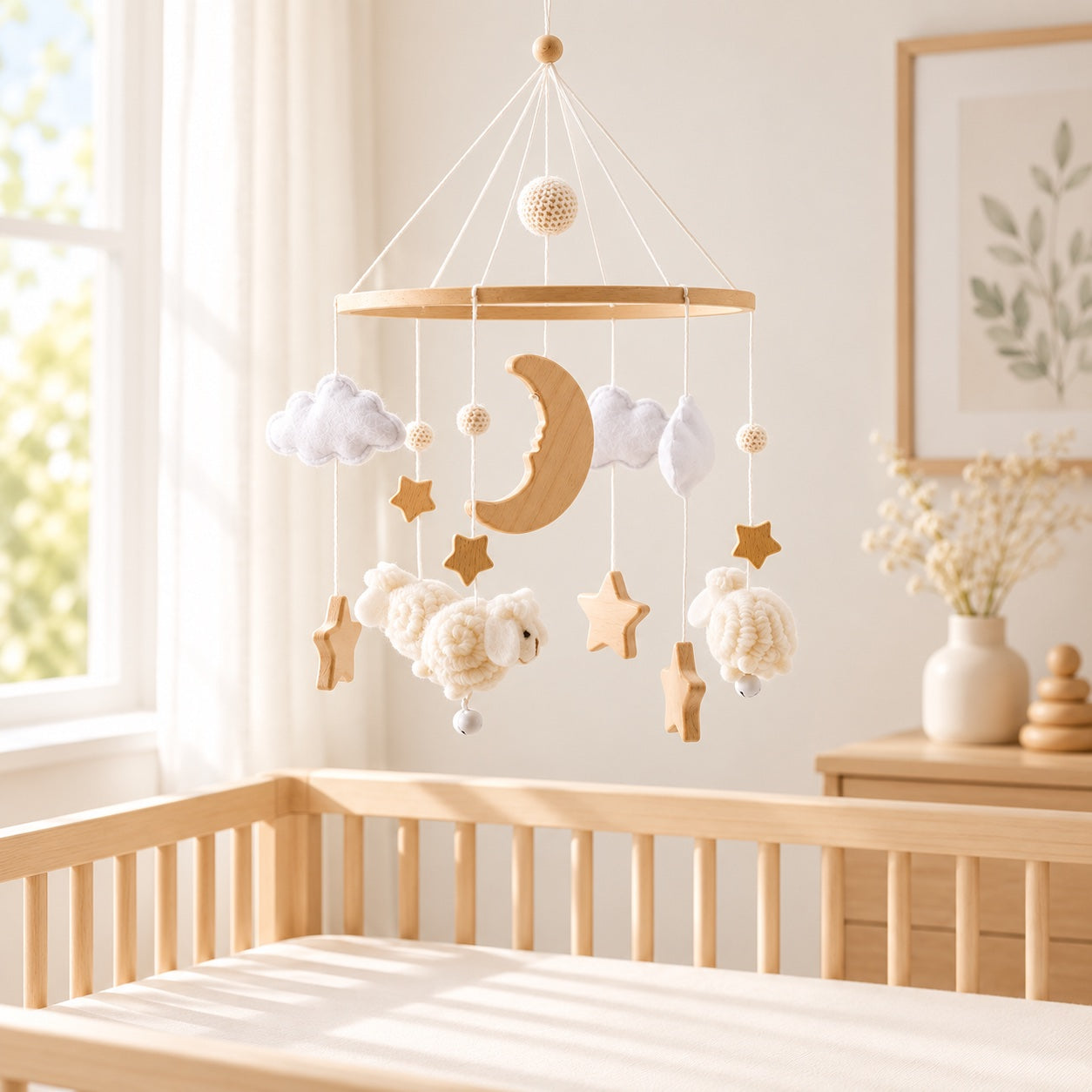 White Sheep baby mobile styled in a bright nursery