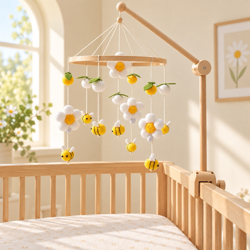 Bee baby mobile in a styled nursery