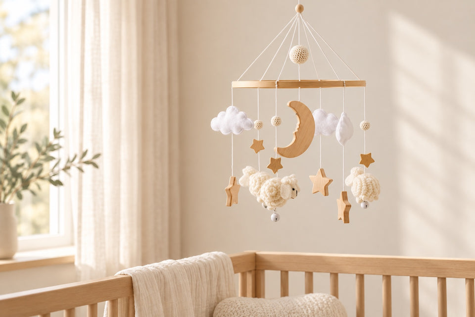 Styled cream nursery scene with the White Sheep baby mobile