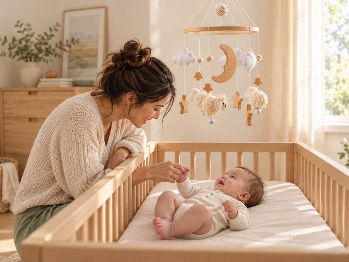 Parent talking with an awake baby beneath a White Sheep mobile