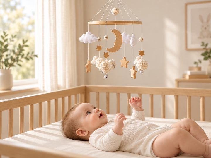 Awake baby looking up at a White Sheep mobile above the cot